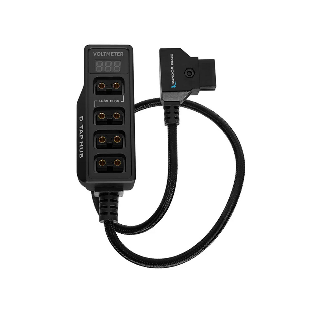 KB-DTAP-HUB-BK-1 Kondor Blue - 12V Metal D-Tap Hub Voltmeter 4 Way Port Power Tap Splitter (Raven Black)